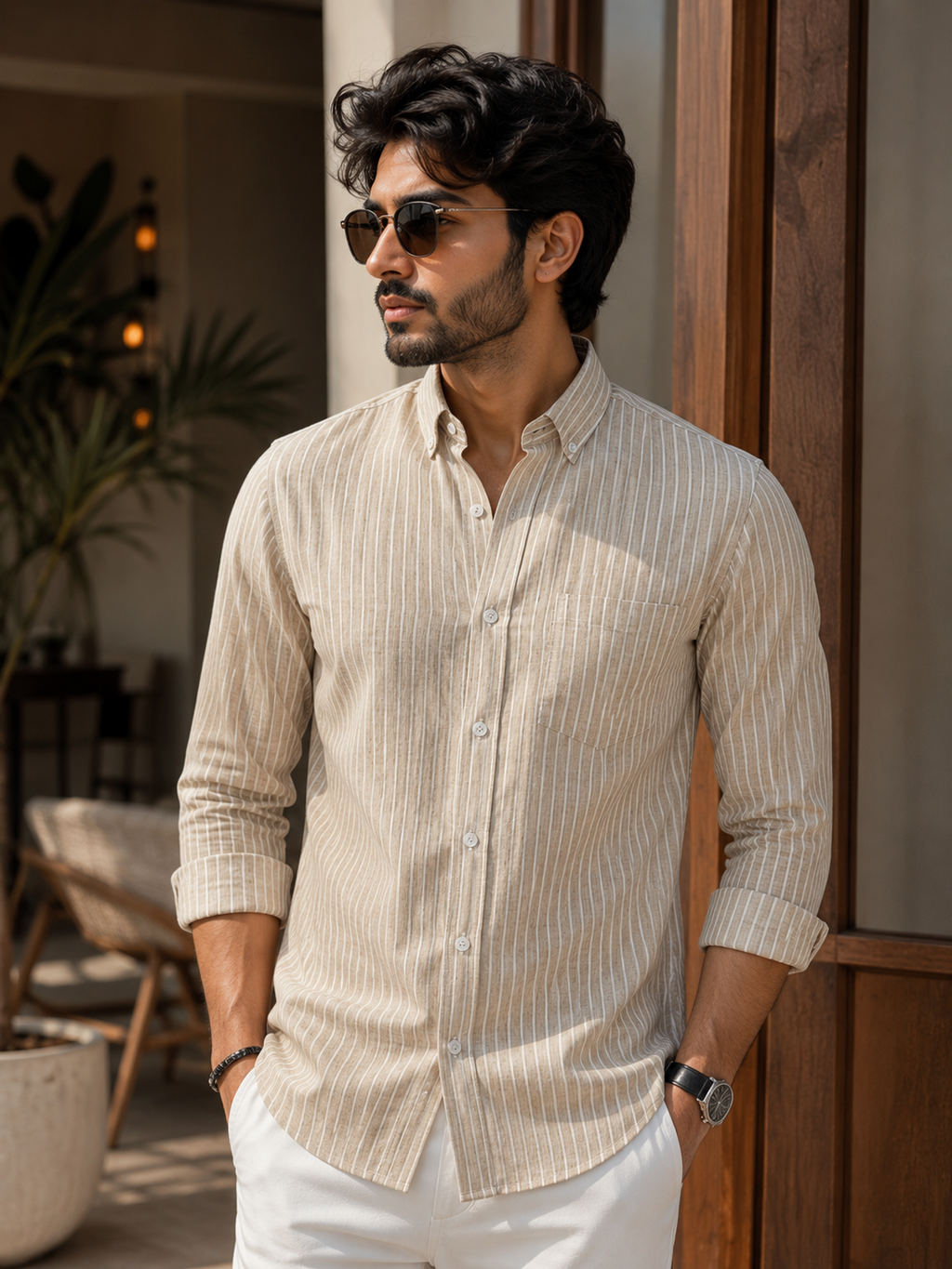 Beige Vertical Stripe Linen Shirt
