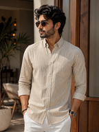 Beige Vertical Stripe Linen Shirt