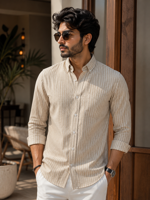 Beige Vertical Stripe Linen Shirt
