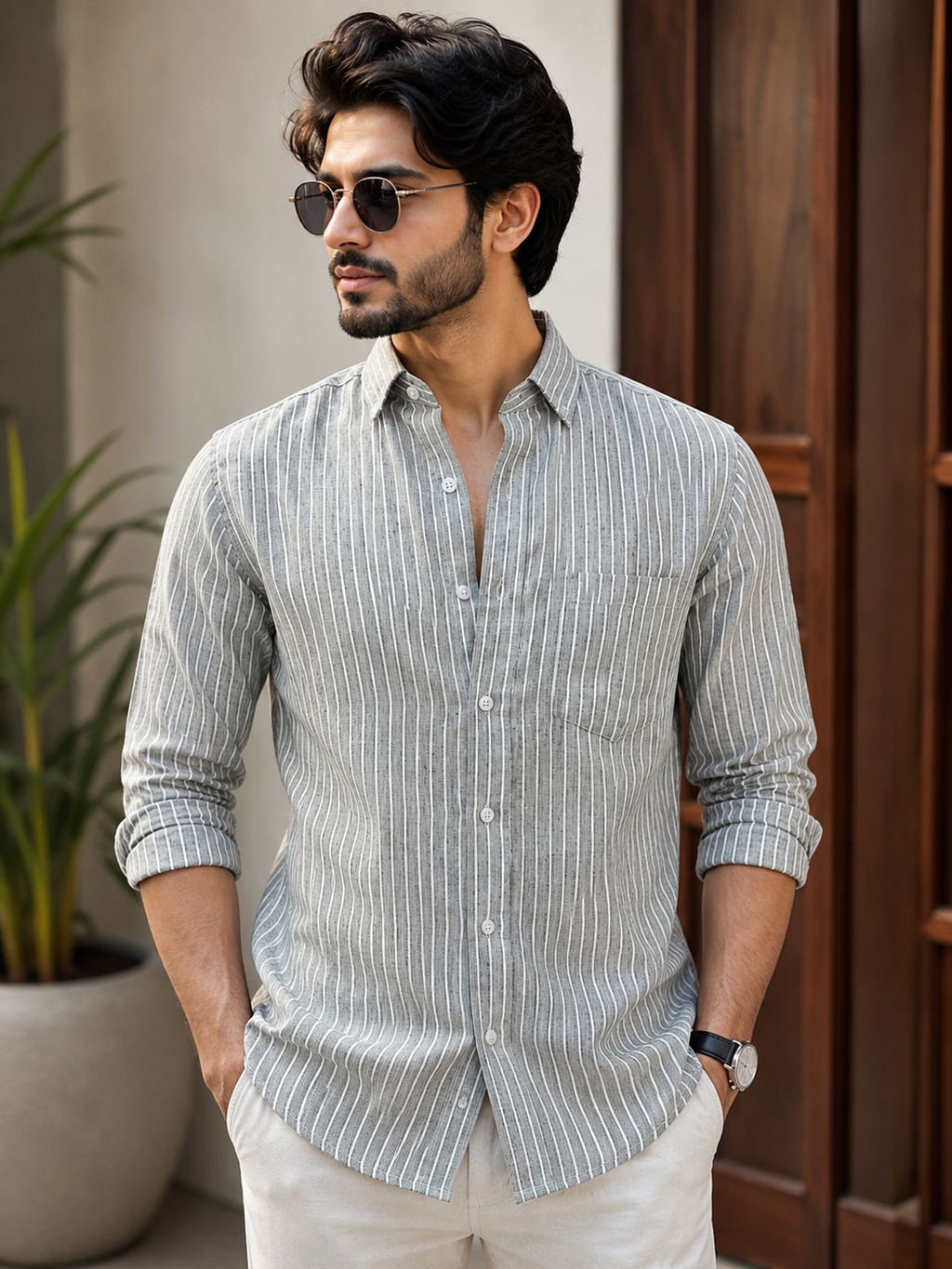 Grey Vertical Stripe Linen Shirt