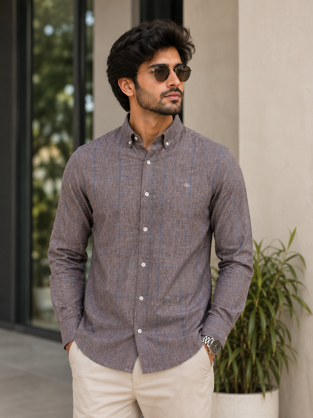 Taupe Blue Stripe Textured Shirt