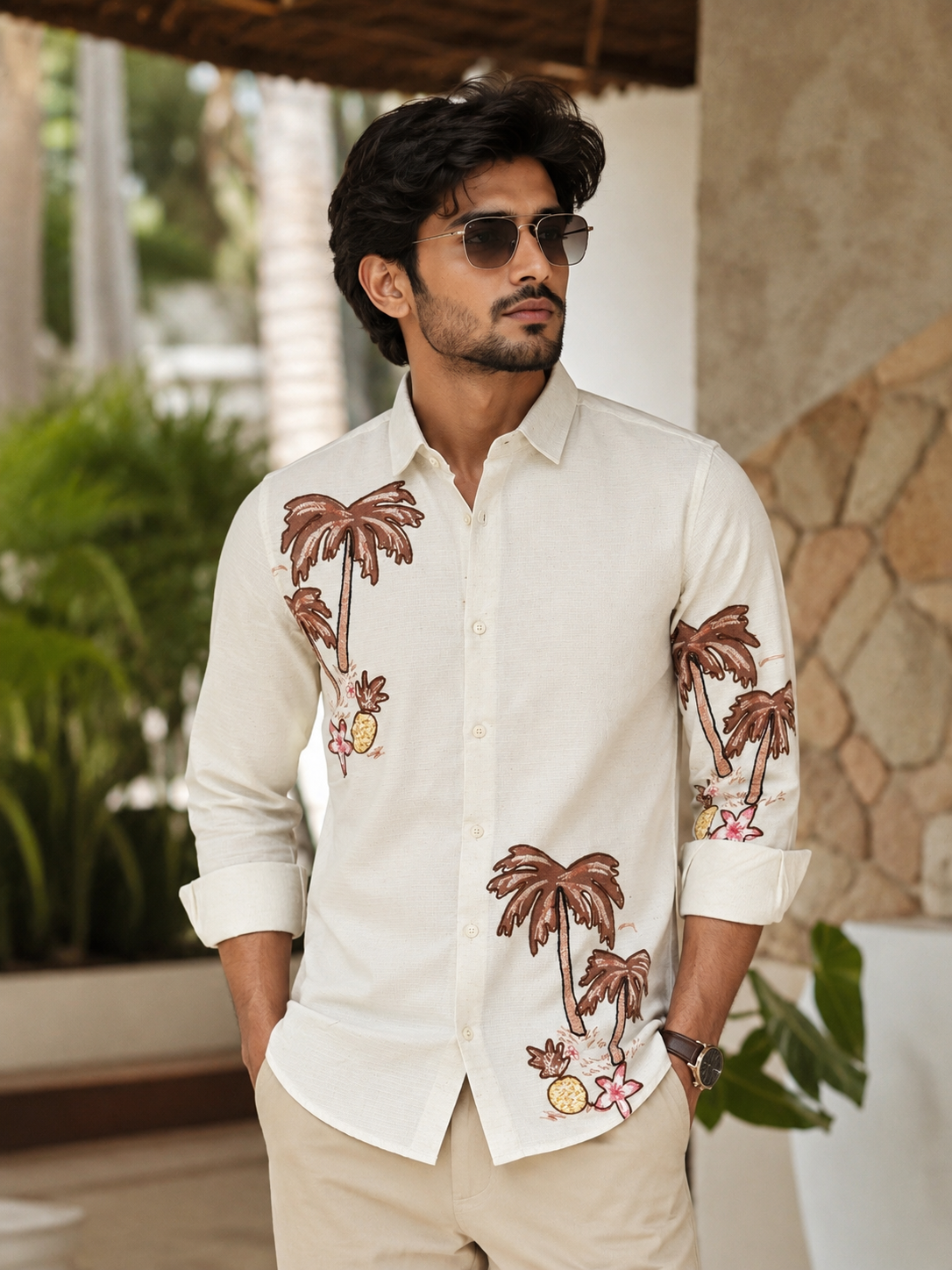 Ivory Palm & Pineapple Print Shirt