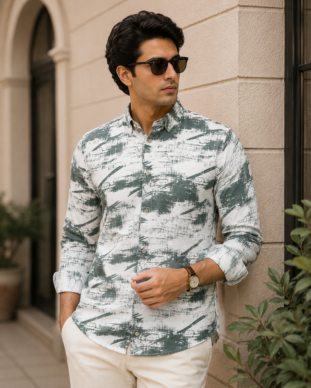 Sage Green Abstract Brush Print Shirt